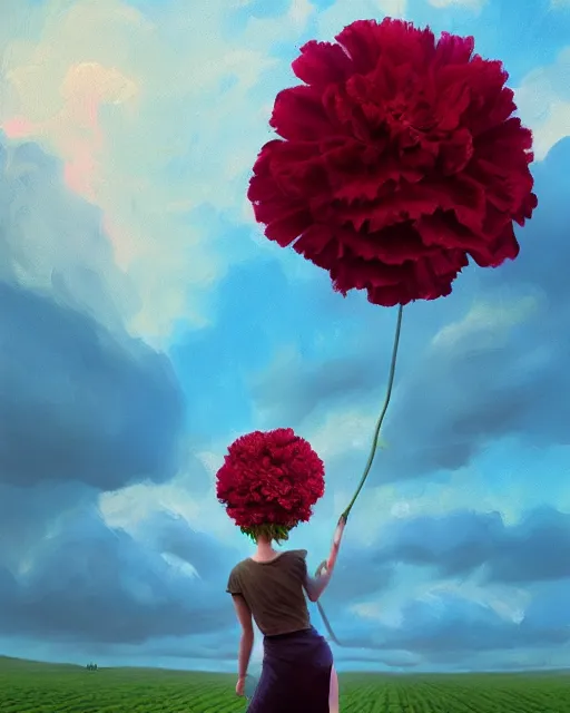 Image similar to girl with a giant carnation as face, surreal photography, flower field, sunset dramatic light, impressionist painting, colorful clouds, blue sky, digital painting, artstation, simon stalenhag