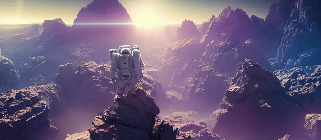 Image similar to one astronaut on purple crystal, beautiful dynamic lighting, cinematic, wide angle establishing shot, extremely high detail, photo realistic, cinematic lighting, post processed, concept art, artstation, matte painting, style by frederic church, raphael lacoste, unreal engine 8 k, roger deakins