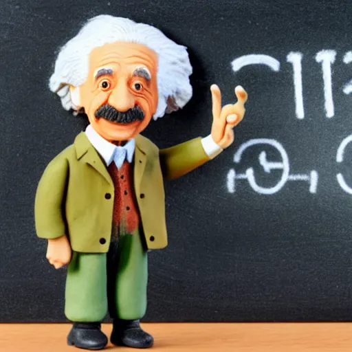 Prompt: claymation miniature scene of albert einstein pointing standing in front of miniature blackboard with lots of mathematical formulas chalked on, anatomically correct, hands retouched