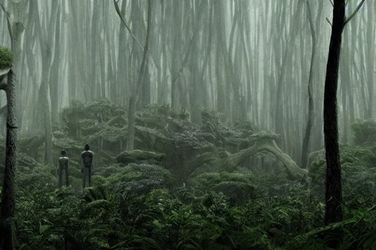 Image similar to a complex organic fractal 3 d ceramic humanoid megastructure in a lush forest, foggy, cinematic shot, photo still from movie by denis villeneuve