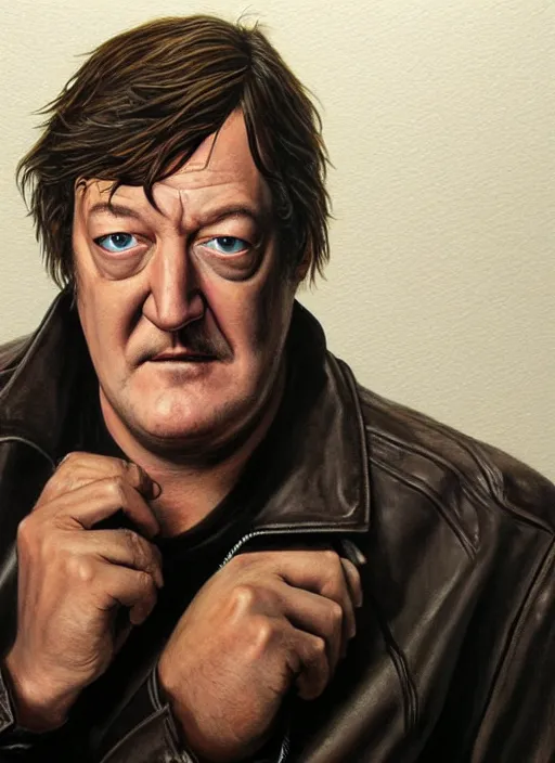Prompt: portrait of stephen fry, gritty, dark, wearing a leather jacket, very detailed eyes, hyperrealistic, very detailed painting by Glenn Fabry, by Joao Ruas, by Artgerm