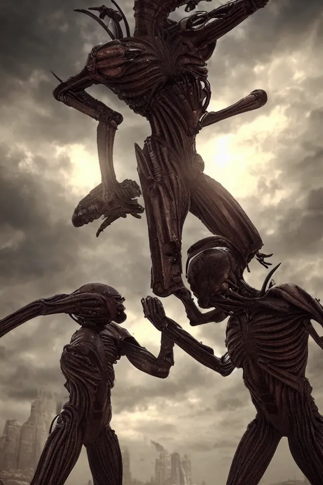 Prompt: Two Alien Mutant Gladiators Battle To Their Demise In Another Universe Moebius HR Giger Style, 8K, octane render, HDR, volumetric lighting, Production I.G. Anime Style