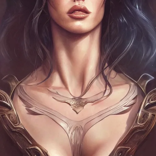 Image similar to portrait of megan fox, muscular upper body, fantasy, intricate, elegant, highly detailed, digital painting, artstation, concept art, matte, sharp focus, illustration, art by aenaluck and roberto ferri and greg rutkowski, epic fantasy, digital painting