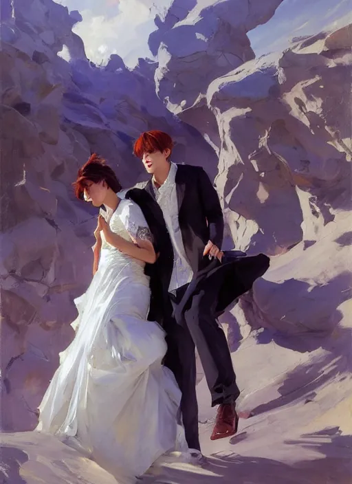 Image similar to jungkook and taehyung of bts getting married in las vegas, jodhpurs hyperborea winter traveler treasure hunter greg manchess painting by sargent and leyendecker, fantasy, medium shot, asymmetrical, intricate, elegant, matte painting, illustration, hearthstone, by rhads, by greg rutkowski, by greg tocchini, by james gilleard, by joe fenton