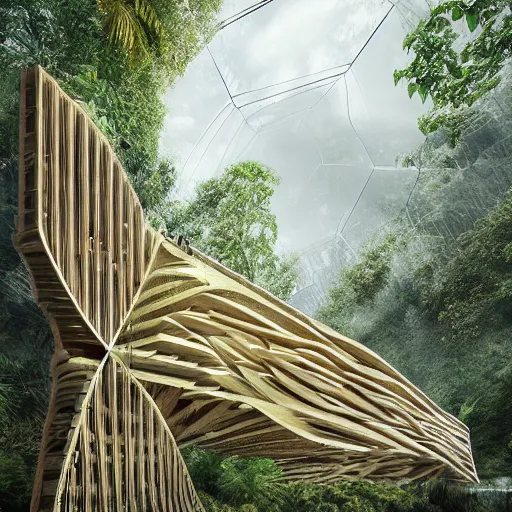 Prompt: timber megastructure in the middle of the jungle, parametric architecture, concept art, behance