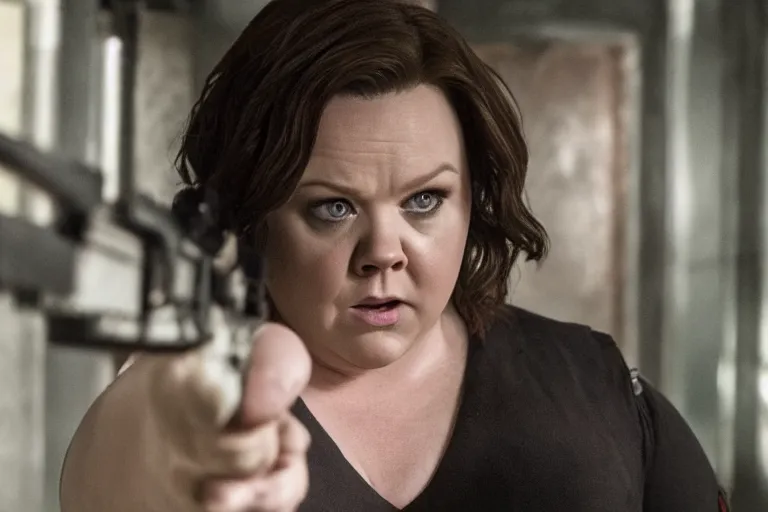 Image similar to Melissa McCarthy starring in Resident Evil, horror, cinematic style, realistic, 35mm