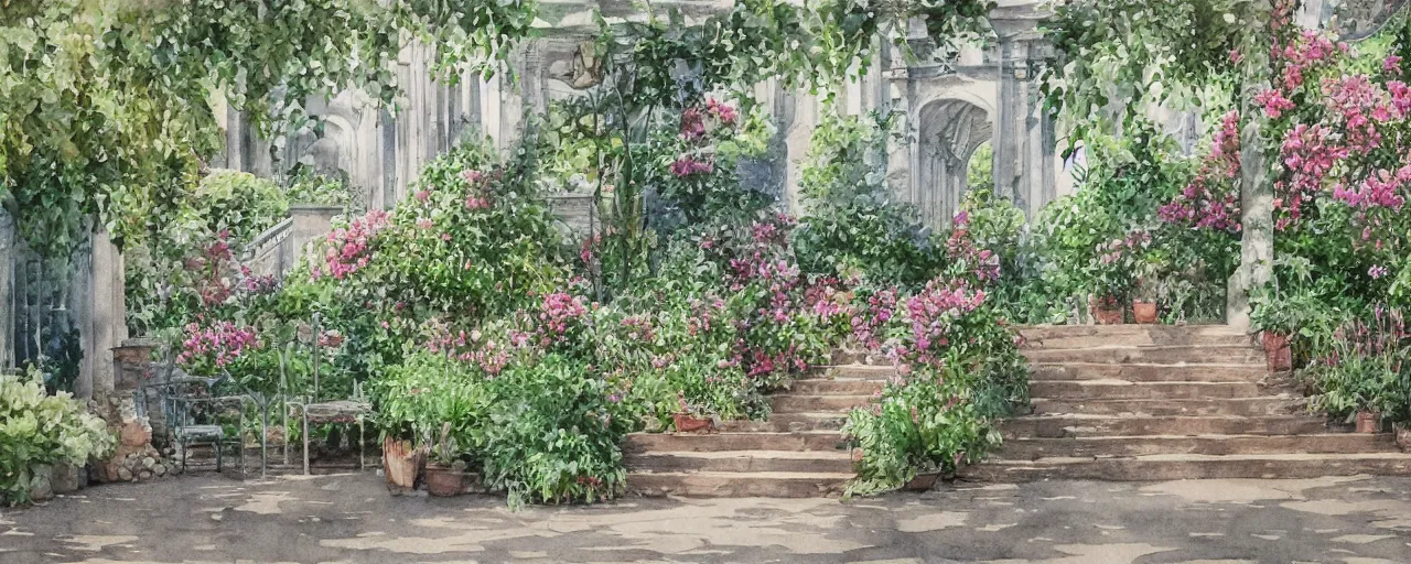 Prompt: isomeric view, stairway, chairs, delicate water in a botanic garden, garden road, sparrows, temple in a botanical herbarium paper, watercolor colored painting, iridescent colors, 8 k, realistic shaded, fine details, artstation, italian style, colonnade, huge flowers, architecture