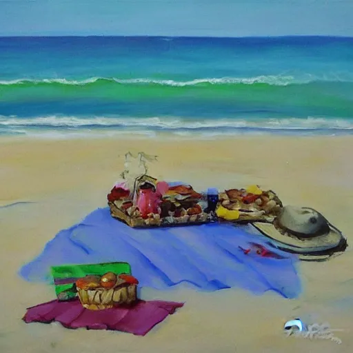 Prompt: a picnic on the beach by rita angus