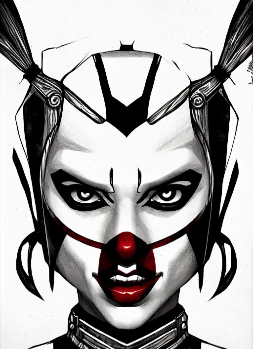 Image similar to symmetry concpet art, full shot, traditional ink, sketch, of harley quinn, line sketch, intricate, elegant, highly detailed, monochrome, digital painting, artstation, concept art, sharp focus, illustration, art by borderlands 3 and peter polach