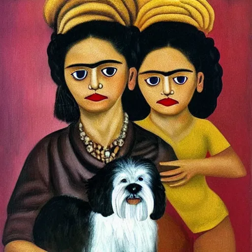 Image similar to cream colored havanese dog with frida kayla painting by frida kahlo 1 9 3 5