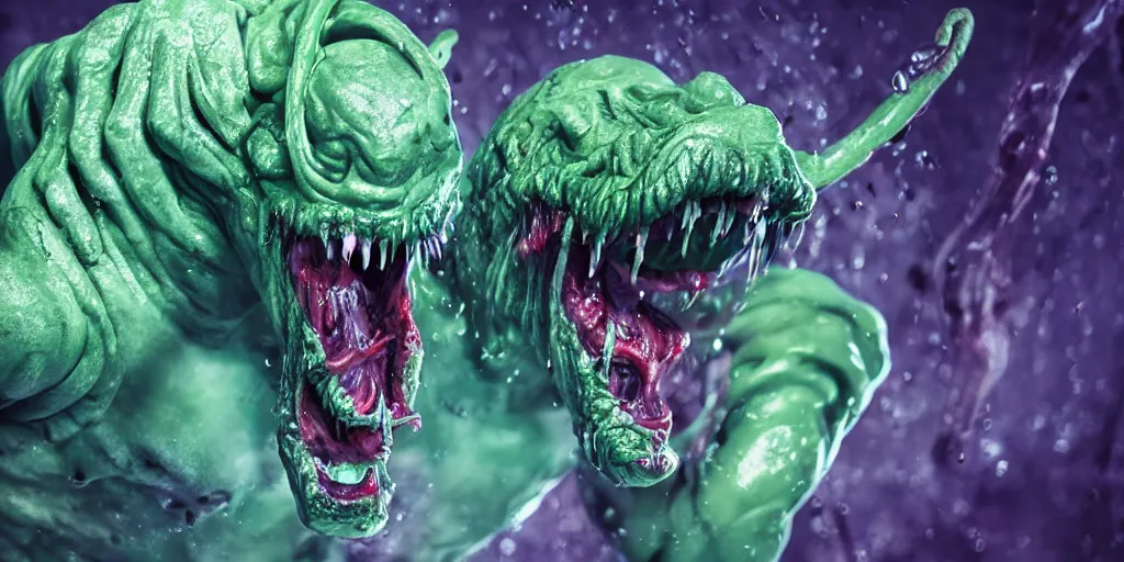 Image similar to a muscular slimy creepy monster, open mouth, with very long slimy tongue, dripping saliva, mouths inside mouths, macro photo, fangs, red glowing veins, thin blue arteries, green skin with scales, cinematic colors, standing in shallow water, insanely detailed 8 k artistic photography, dramatic lighting