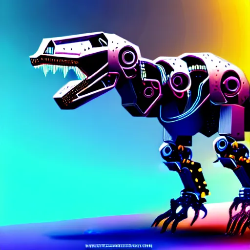 Prompt: an illustration of the full body of a cyberpunk robotic t-rex, we can see 2 legs and 2 extended arms, photorealistic, bokeh, 3D, unreal engine
