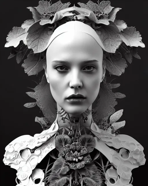 Prompt: monochrome 3 d model, floral steampunk biomechanical beautiful young female cyborg with porcelain profile face and a techno eye, volumetric light, leaves foliage and stems, hibiscus flowers, boho floral vines, sinuous fine roots, fine foliage lace, alexander mcqueen, rim light, gothic fashion pearl embroidered collar, octane render, bw, 8 k