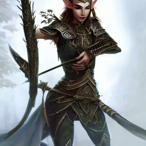 Image similar to Epic elven warrior with long bow, 4k, artstation, cgsociety, award-winning, masterpiece, stunning, beautiful, glorious, powerful, fantasy art