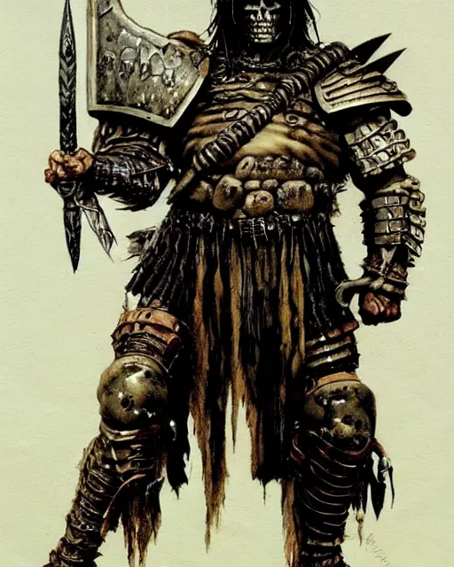 Image similar to full body of a shaman goth soldier wearing armor by simon bisley, john blance, frank frazetta, fantasy, barbarian