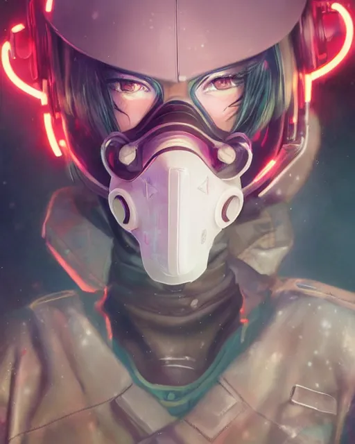 Image similar to anime key visual of a young female police officer, neon, futuristic gas mask, cyberpunk, futuristic, stunning, highly detailed, digital painting, artstation, smooth, soft focus, illustration, art by artgerm and greg rutkowski and alphonse mucha