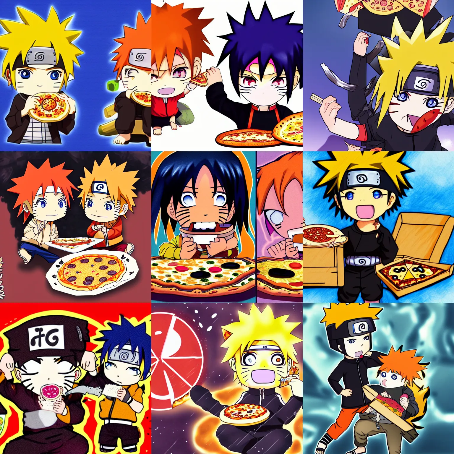Prompt: Chibi Naruto biting into a pizza, Chibi Naruto biting into a pizza, Chibi Naruto biting into a pizza, digital art, hyper detailed, high definition, 4k, HDR, pencil drawing, eating, munching pizza