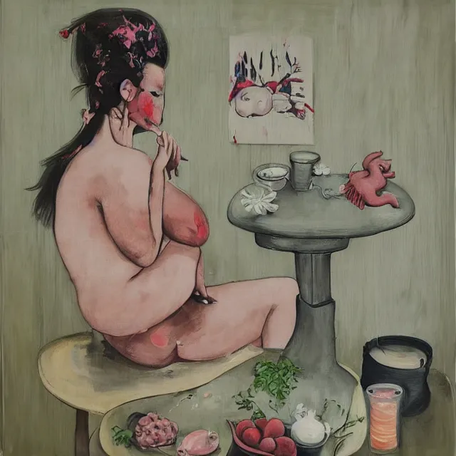 Image similar to “ a portrait in a female art student ’ s apartment, sensual, a pig theme, bathing, pork, art supplies, surgical iv bag, octopus, ikebana, herbs, a candle dripping white wax, japanese pottery, squashed berries, berry juice drips, acrylic and spray paint and oilstick on canvas, surrealism, neoexpressionism ”