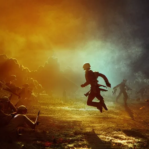 Image similar to bloody war scene, explosions, soldiers running, fog, sun beams, no text, painting style