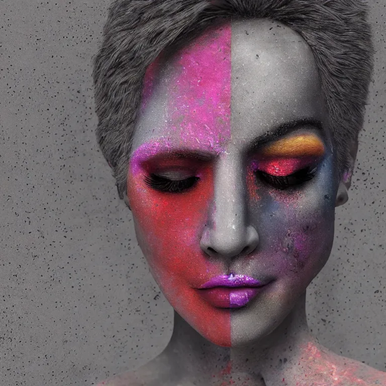 Image similar to wide angle octane render by wayne barlow and carlo crivelli and glenn fabry, the face of a woman with dramatic colorful shimmering makeup breaking through the cement wall of a brutalist government building, cinema 4 d, ray traced lighting, very short depth of field, bokeh