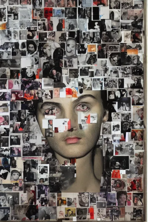 Image similar to life without ammo by richard hamilton and mimmo rotella and violet polsangi, photo realistic, human face details, old photo scattered, pop art, incrinate, sharp focus, symmetrical, pararel, justify content center, random content, balance and proportional, cleanest image, white frame border