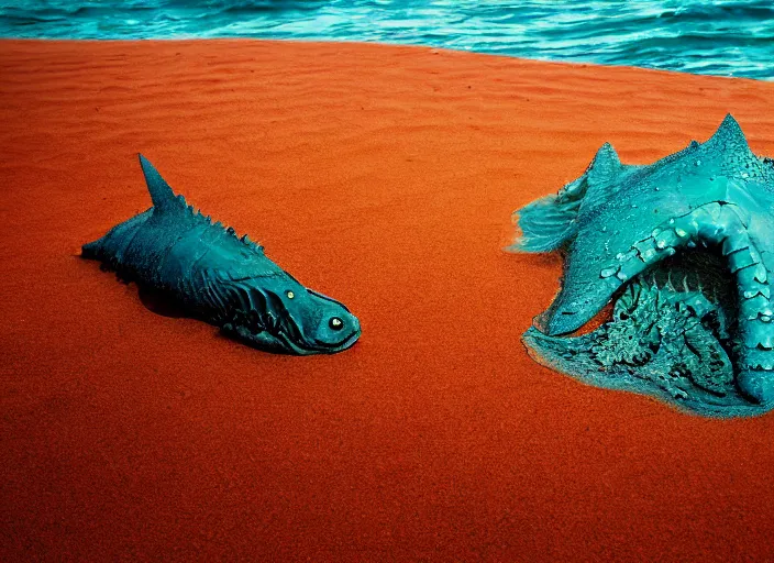 Image similar to an aquatic monster comes out of the sea to die on the orange sand by hagan robert