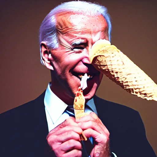 Image similar to photo of joe biden licking an ice cream cone of poop, cinestill, 800t, 35mm, full-HD