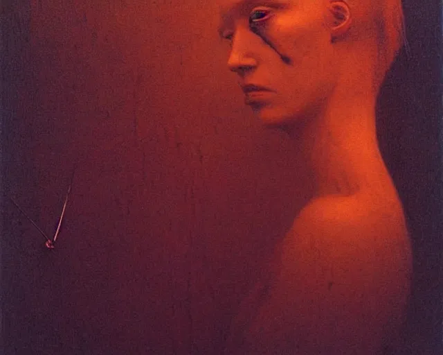 Image similar to by francis bacon, beksinski, mystical redscale photography evocative, expressionism. kat dennings uma thurman christina hendricks tilda swinton