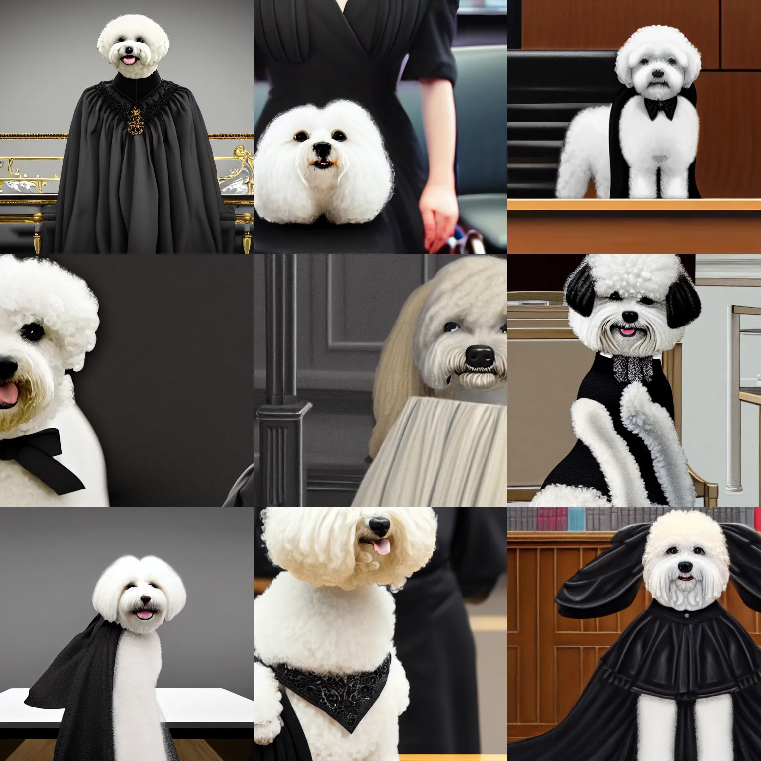 Prompt: a closeup photorealistic illustration of a smiling bichon frise judge wearing a black gown at the bench and commanding the courthouse. this 4 k hd image is trending on artstation, featured on behance, well - rendered, extra crisp, features intricate detail and the style of unreal engine.