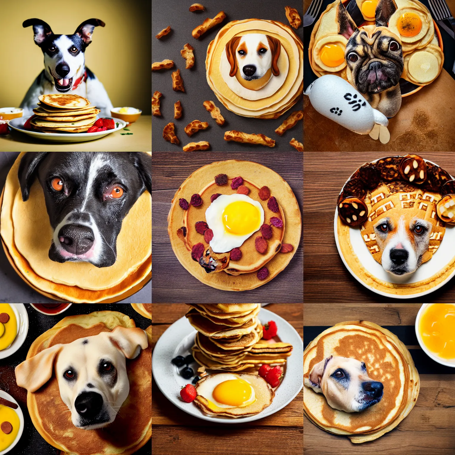 Prompt: dog portrait made of pancakes eggs bacon breakfast, food photography, high definition, focus