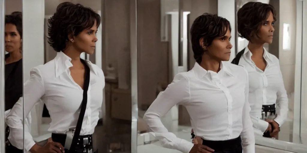 Image similar to ultra wide angle photo of halle berry dressed in a white blouse and black dress pants as diana prince looking at herself in a bathroom mirror and seeing her reflection as wonder woman