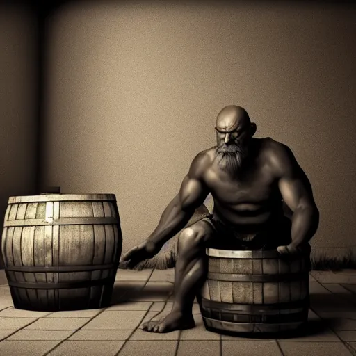 Image similar to diogenes tugging, sitting in a barrel, photorealistic, 3 d model, unreal engine, octane render, ultra quality, eerie lighting, dynamic shadows, 4 k