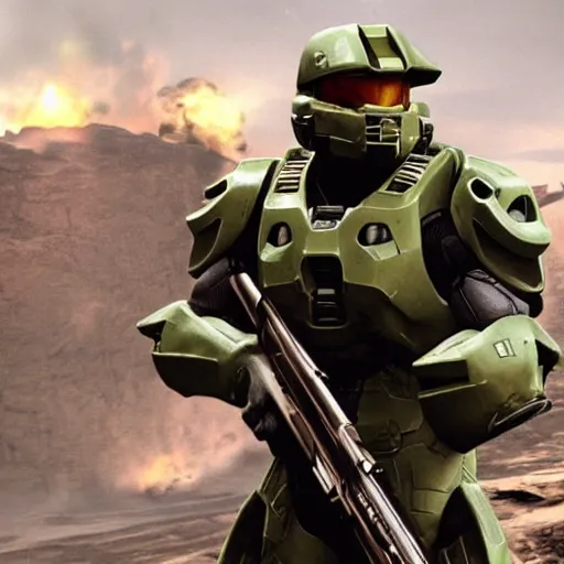 Image similar to Historical photo of the Master Chief from Halo fighting in WWII, cinematic, highly detailed