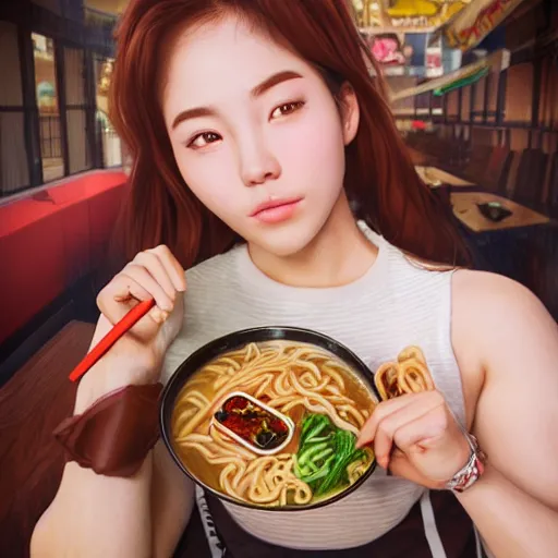 Prompt: a korean bodybuilder college student, eating ramen, bokeh, beautiful face!!!!, 2 3 years old, cg animation, lifelike, animated, realistic, character select portrait, by artgerm, greg rutkowski, alphonse mucha, 3 d