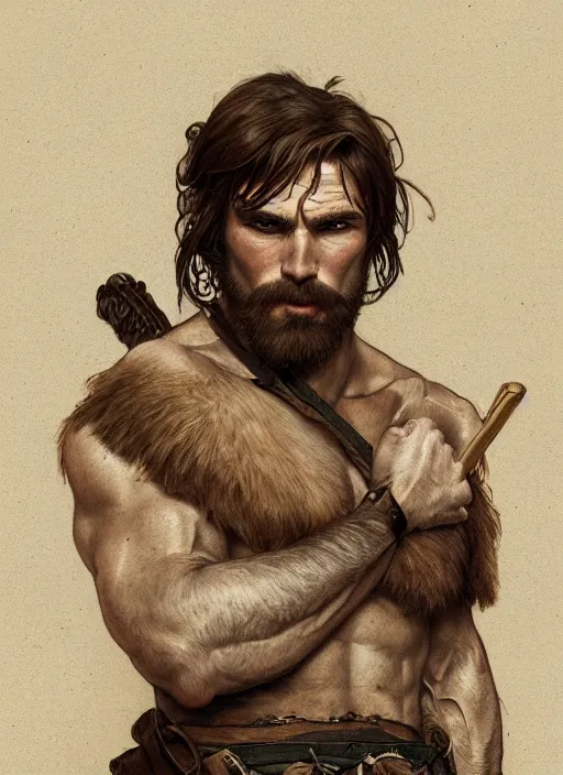 Image similar to portrait of a rugged ranger, muscular, upper body, hairy torso, D&D, fantasy, intricate, elegant, highly detailed, digital painting, artstation, concept art, smooth, sharp focus, illustration, art by alphonse mucha