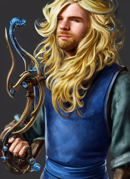 Image similar to a highly detailed illustration of long wavy bright blonde haired effeminate boy wearing blue blacksmith apron and iron mechanical arms, blue eyes, dramatic smiling pose, perfect face, symmetrical eyes, intricate, elegant, highly detailed, centered, digital painting, artstation, concept art, smooth, sharp focus, league of legends concept art, wlop