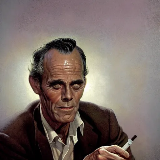 Prompt: a highly detailed epic cinematic concept art CG render digital painting artwork costume design: Henry Fonda as a 1950s tired disillusioned poet, barefoot, holding a lit cigarette. volumetric lighting. By Greg Rutkowski, in the style of Francis Bacon and Syd Mead and Norman Rockwell and Beksinski, open ceiling, highly detailed, painted by Francis Bacon and Edward Hopper, painted by James Gilleard, surrealism, airbrush, Ilya Kuvshinov, WLOP, Stanley Artgerm, very coherent, triadic color scheme, realistic facial expression, art by Takato Yamamoto and James Jean