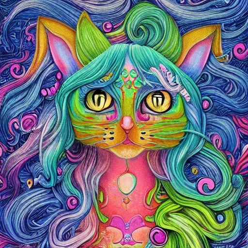 Prompt: cat seahorse shapeshifter, long haired humanoid fursona, detailed painterly digital art by lisa frank and louis wain, furaffinity, cgsociety, trending on artstation