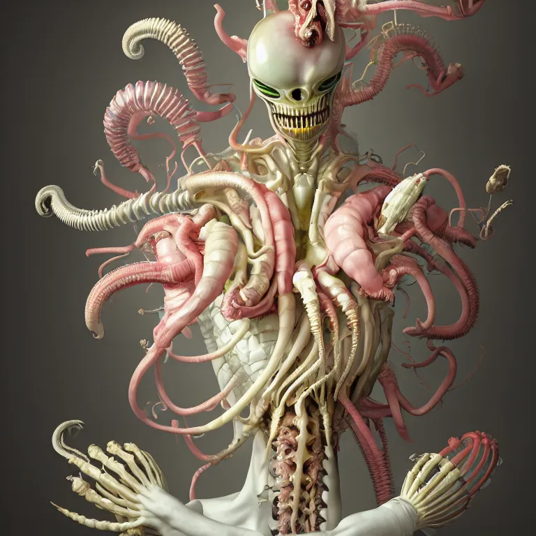 Prompt: still life of white xenomorph, beautiful pastel color tropical flowers, metallic human spine, colorful mold, baroque painting, beautiful detailed intricate insanely detailed octane render, 8K artistic photography, photorealistic, chiaroscuro, Raphael, Caravaggio