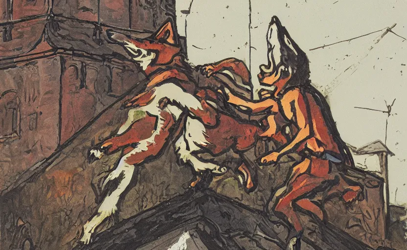 Prompt: a boy fighting a wolf on the edge of a clocktower, gouache, print