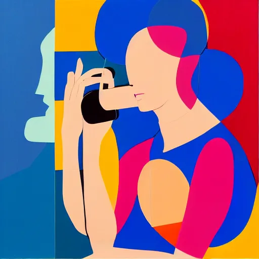 Image similar to A painting of person on the phone, abstract painting in the style of Sophie Taeuber-Arp and Gary Hume and Tatsuro Kiuchi, flat colour-block style, geometric abstraction, dark colours