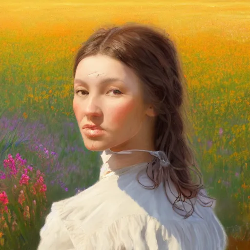 Image similar to a matte painting of the wild west, woman standing in flower field, oil painting, pale colors, high detail, 8 k, wide angle, trending on artstation,
