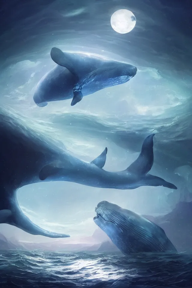 Prompt: a crystal whale peeking out of the blue sea, a full moon illuminating the sea in the dark night, the stars shining, a dreamy crystal atmosphere ， super wide angle ， matte painting ， rtx on ， by jordan grimmer and john pitre ， trending on cgsociety and artstation, volumetric light ， surreal