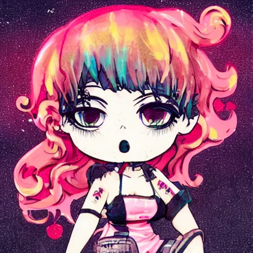 Prompt: pinup pose, portrait of a grungy skull anime and chibi very cute doll by super ss, cyberpunk fashion, nendoroid, kawaii, curly pink hair, night sky, looking up, swirly clouds, neon yellow stars, by wlop, james jean, victo ngai, muted colors, highly detailed