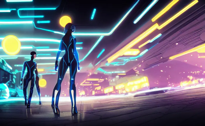 Prompt: tron legacy scenery of a woman in a neon blue matte black outfit, full shot, atmospheric lighting, detailed faces, by makoto shinkai, stanley artgerm lau, wlop, rossdraws