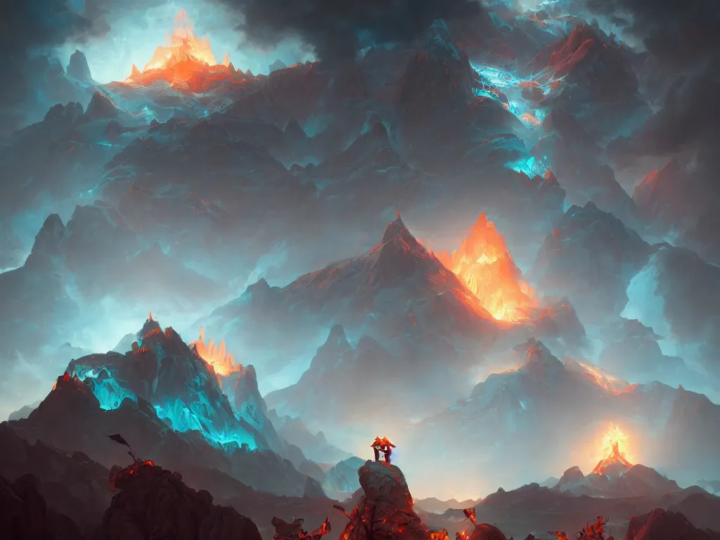 Image similar to mountain reaches into the sky, huge daragons breathing ice and fire by peter mohrbacher and dan mumford and nekro, cgsociety, volumetric light, 3 d render