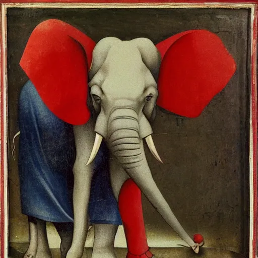 Prompt: elephant, red white blue, hieronymus bosch