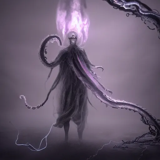 Image similar to concept designs for an ethereal ghostly wraith like figure made from wispy billowing smoke and sparks of electricity with a squid like parasite latched onto its head and long tentacle arms that flow lazily but gracefully at its sides like a cloak while it floats around a frozen rocky tundra in the snow searching for lost souls and that hides amongst the shadows in the trees, this character has hydrokinesis and electrokinesis for the resident evil village video game franchise with inspiration from Shuma gurath from marvel, the franchise Bloodborne and the mind flayer from stranger things on netflix in the style of a marvel comic