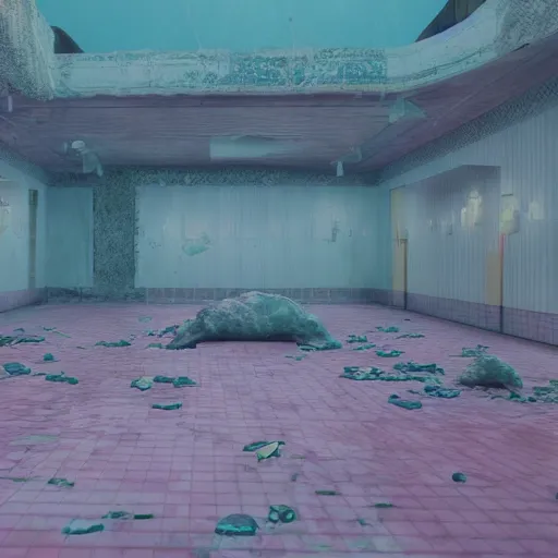 Image similar to abandoned shopping mall underwater, pastel colors in the style of wes anderson, insanely mystical, hyper realistic, extremely detailed, concept art, trending on artstatoon, atmospheric, 8k, octane render, unreal engine