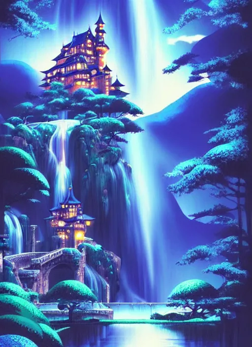 Image similar to magical castle, waterfall, river, nighttime, scenery wallpaper aesthetic, anime style, beautiful, cinematic, dramatic, super detailed and intricate, hyper realistic, by satoshi kon, by koson ohara, by darwyn cooke